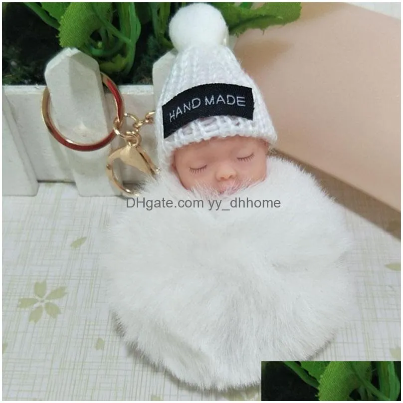 sleeping baby doll keychain pompom rabbit fur ball keyring women key holder bag hangs fashion jewelry