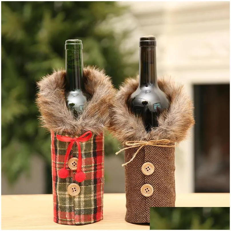 fashion retro beer bottle sleeve with bow lattices prints wine covers decorative bottles bag fit indoor christmas decoration 2 color 4