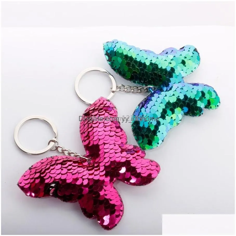 butterfly key ring paillette sequin animal pendant keychain holder bag hangs for women kids fashion jewelry red green