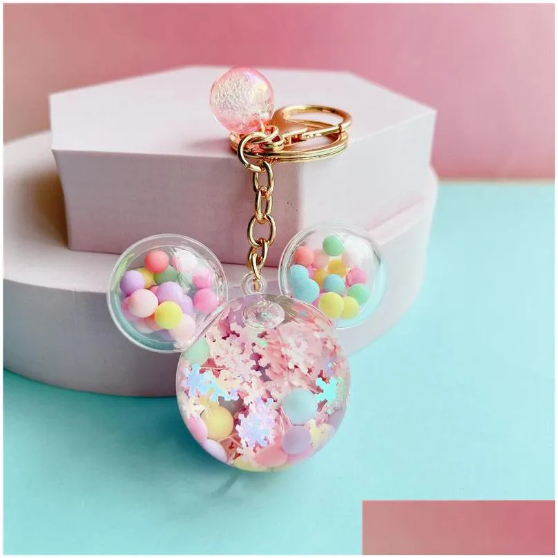 snowflake mouse head keychain rings cute micky quicksand pendant keyring holder fashion women creative bag charms gifts cartoon car key chain jewelry