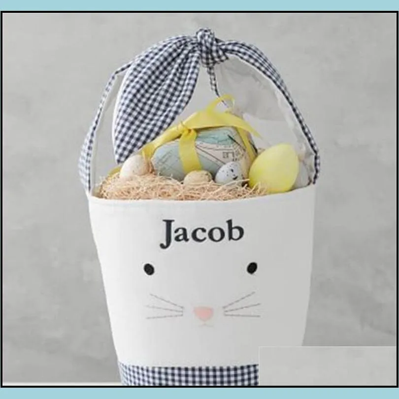 easter lovely cartoon rabbit barrel cylindrical plaidwork bow children candy gift hand basket holiday supplies 13 5fg j2