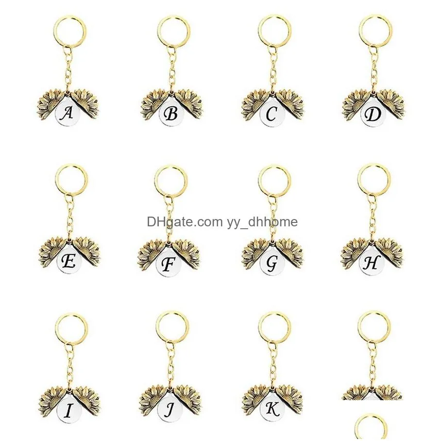 retro gold english letter sunflower locket key ring ancient initial keychain holders bag hang for women men fashion jewelry