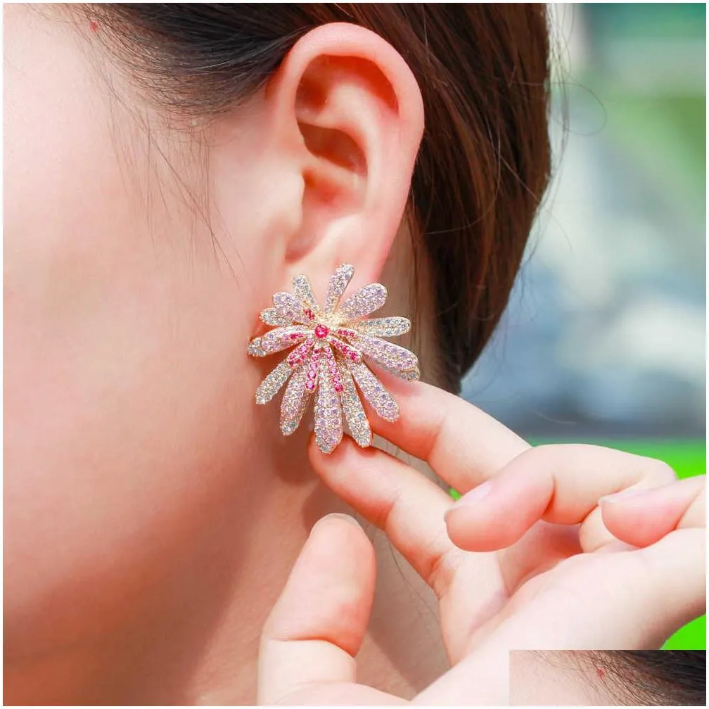 unique designer red pink cubic zirconia pave big geometric flower earrings for women luxury costume jewelry cz884 210714