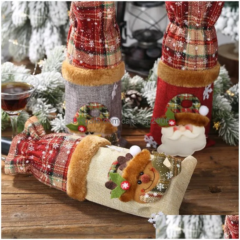 christmas decorations plaid red wine bottle cover ornaments snow santa claus cap year decorationchristmas