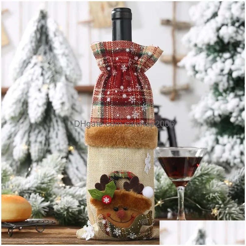 christmas decorations plaid red wine bottle cover ornaments snow santa claus cap year decorationchristmas