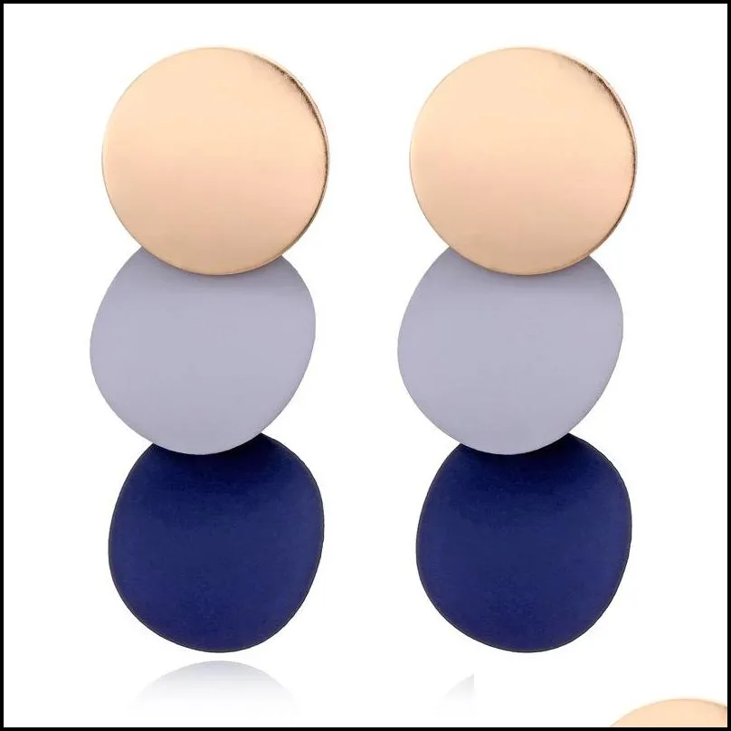 round button dangle stud earrings triple gold blue acrylic matte paint curved discs drop jewelry gift for women