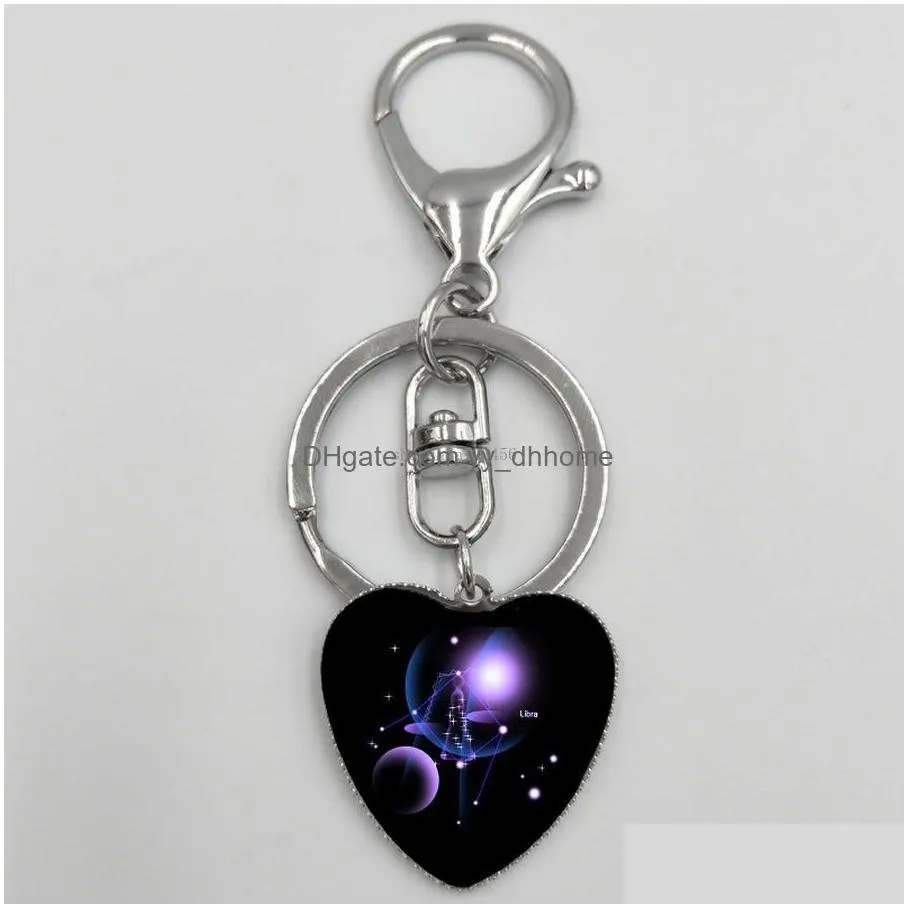 12 horoscope sign charm keychain constell heart key rings holders bag hangs for women men fashion jewelry