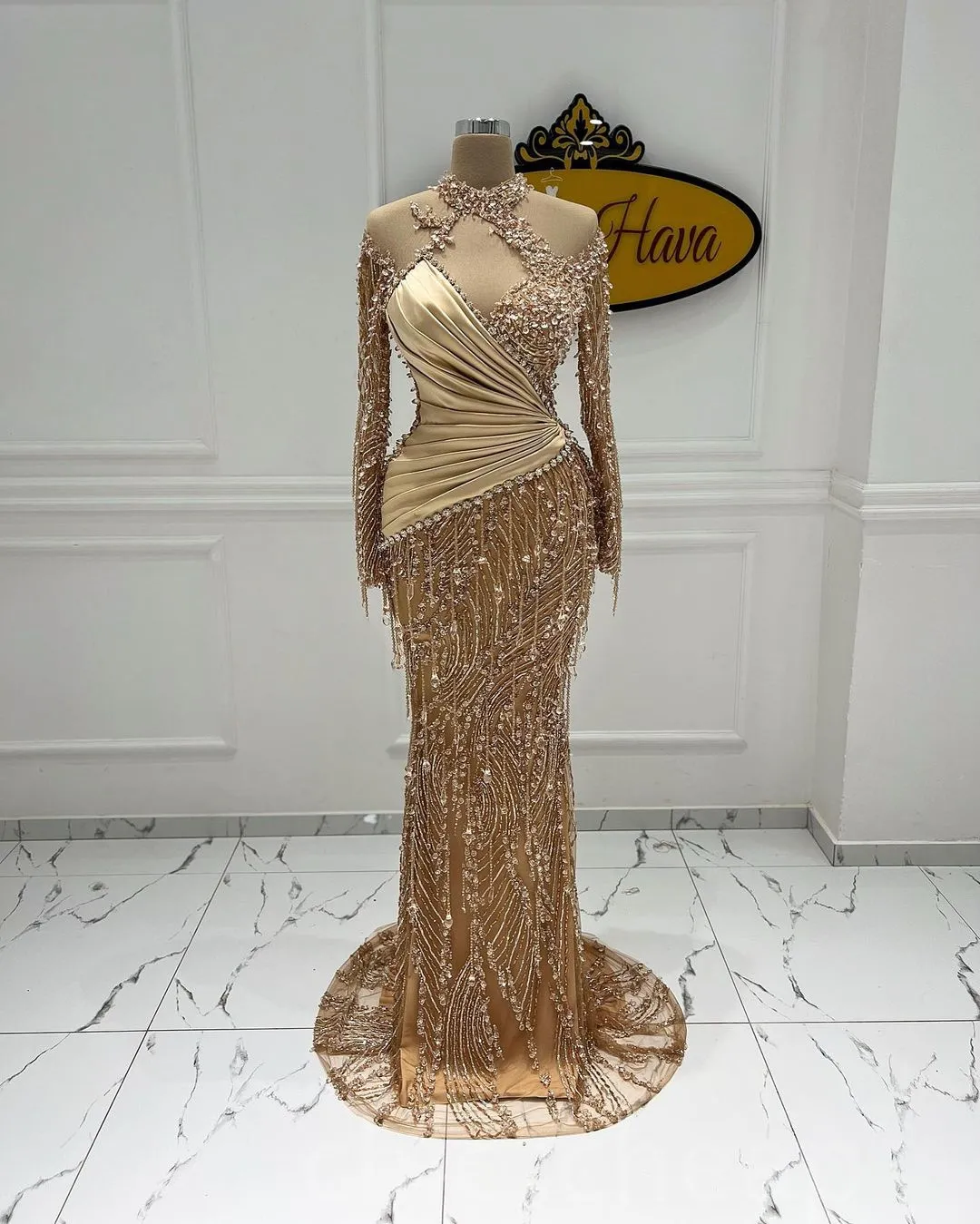 2022 Arabic Aso Ebi Gold Mermaid Prom Dresses Beaded Crystals Sexy Evening Formal Party Second Reception Birthday Engagement Gowns Dress ZJ875