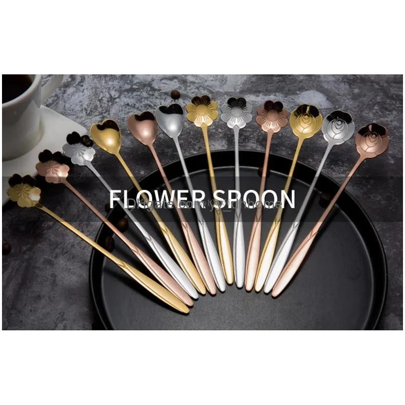 long handle flower heart spoons stainless steel cocktail stirring spoons ice cream coffee spoon home bar flatware tools