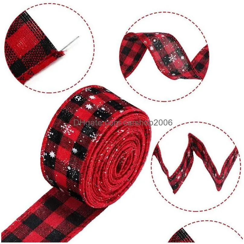 christmas decorations red and black plaid ribbon printed snowflake tie bow ornaments imitation linen ribbonchristmas