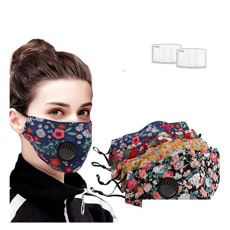 new floral print mask with breather valve with 2pcs filter breathable mouth masks anti dust reusable housekeeping designer mask 87 n2