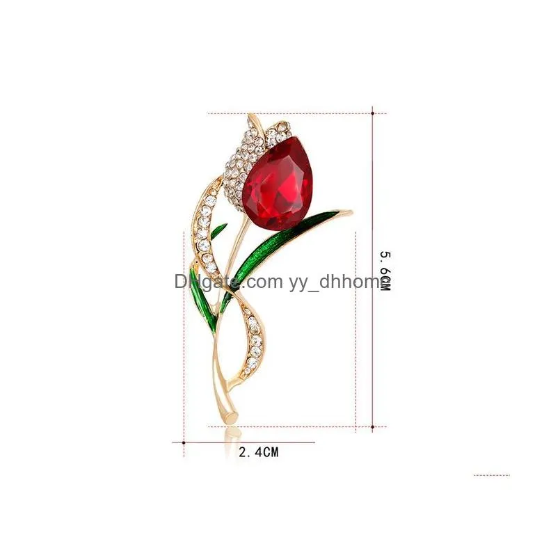 red crystal tulip brooch diamond flower corsage scarf buckle brooches women dress suit fashion jewelry 