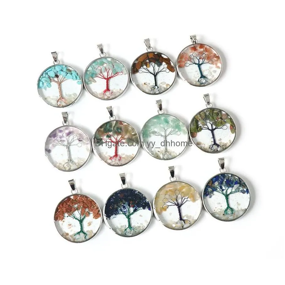 crystal tiger eye natural stone tree of life necklace round glass terrarium pendant necklaces for women children fashion jewelry