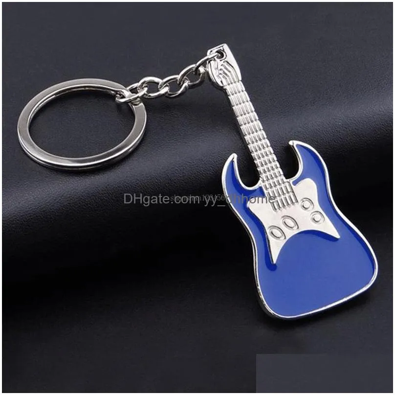 guitar keychain musical instrument enamel guitar key chains key ring bag hangs fashion jewelry black red blue