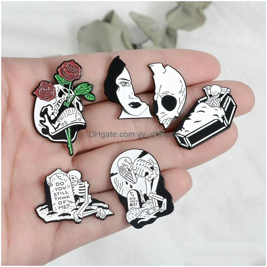 white punk coffin ckull brooch pins enamel lapel pin brooches for women men top dress cosage fashion jewelry