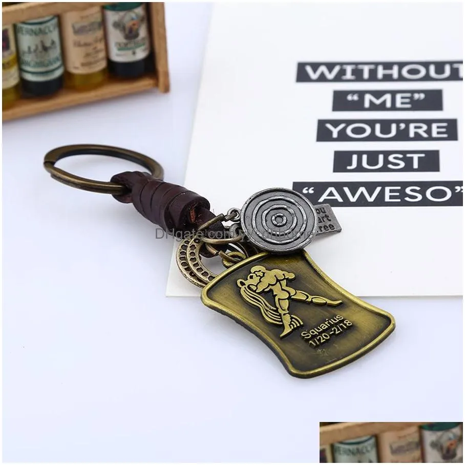 pendant sign keyring metal 12 constell leather keychain key rings bag hangs fashion jewelry gift