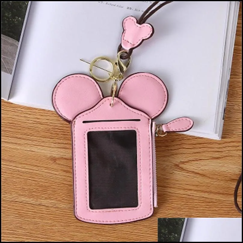 pu cartoon card bag mini ears id holders coin pusre sleeve bags bus id cards cover with lanyard party birthday gift 8qd h1