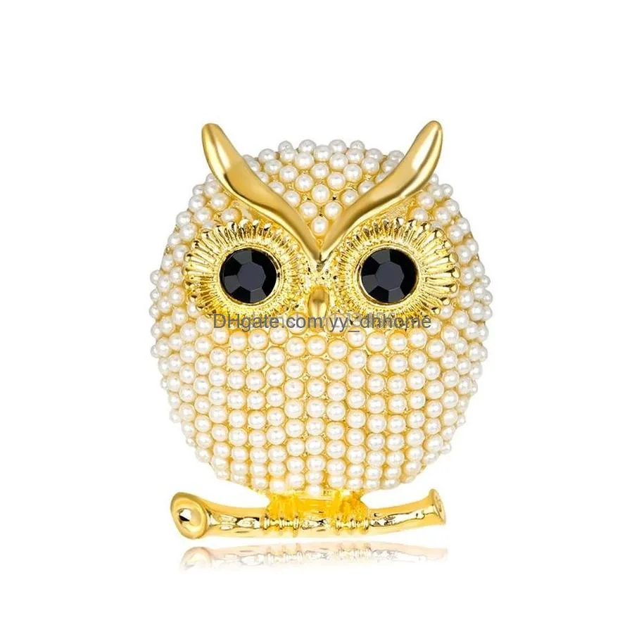 gold owl brooch pins gold bird pearl brooches business suit dress tops corsage for women men fashion jewelry