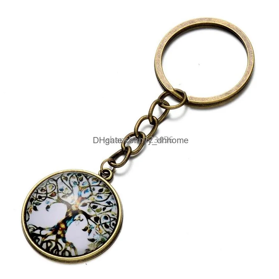 tree of life key ring glass cabochon metal plant charm keychain holder bag hangs fashion jewelry