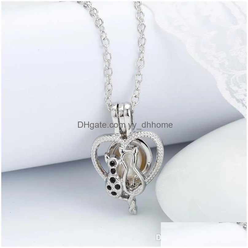 love wish pearl necklace cages locket hollow out oyster pearl heart pendant necklaces wolf dog bear elephant charm diy jewelry
