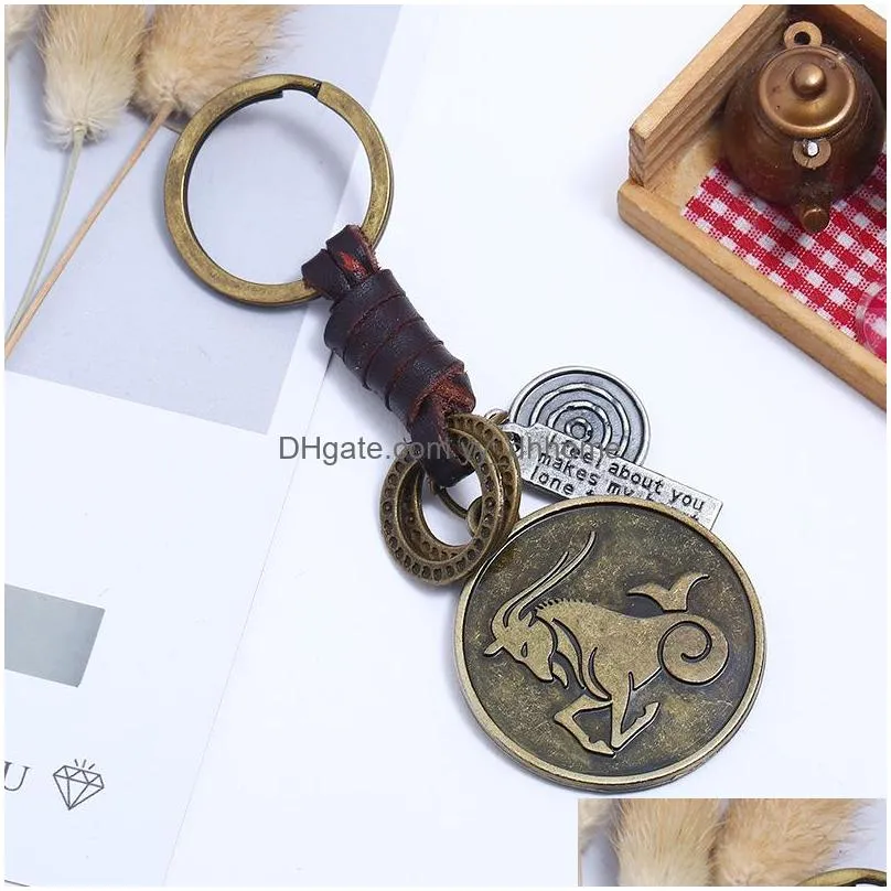 coin constell key ring 12 horoscope sign keychain leather weave retro bronze bag hangs holder rings for women men fashion jewelry