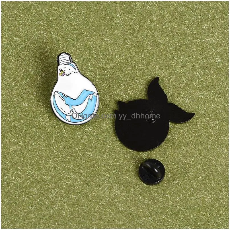 blue sea tail whale in bulb brooch pins enamel animal lapel pin brooches for women men top dress cosage fashion jewelry