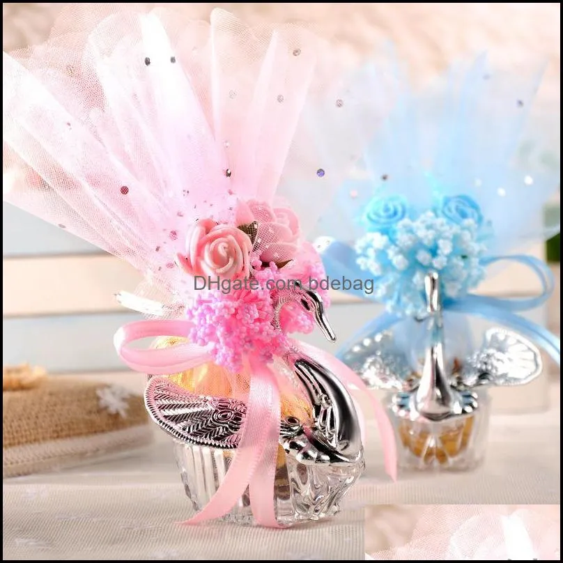 novelty swan candy box romantic wedding favor plastic gift bags practical silk simulation flower decor organza clear sugar boxes 2 48sq