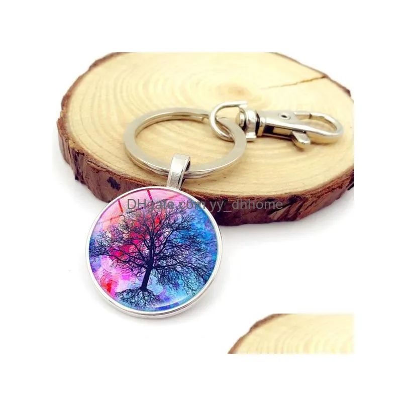 plant tree of life glass cabochon key ring time gem quickdraw keychain hanging fashion jewelry