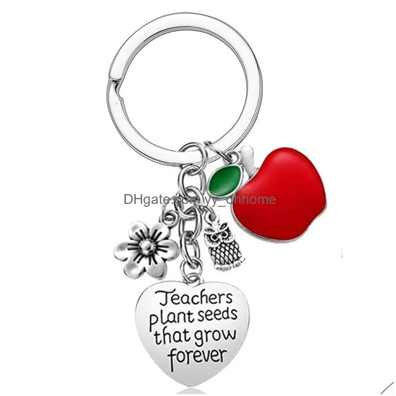 love thank you teacher heart key ring owl flower charm stainless steel keychain holder bag hangs women men fashion jewelry