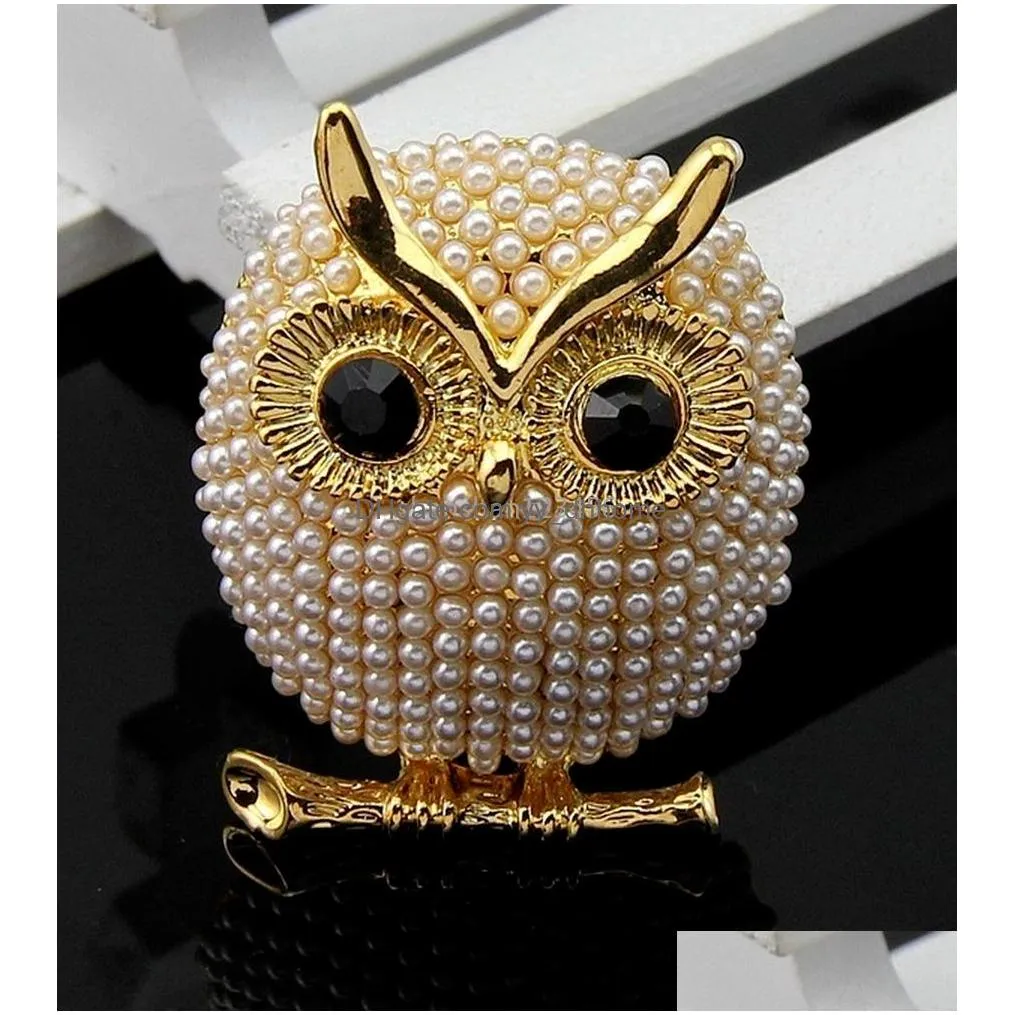 gold owl brooch pins gold bird pearl brooches business suit dress tops corsage for women men fashion jewelry