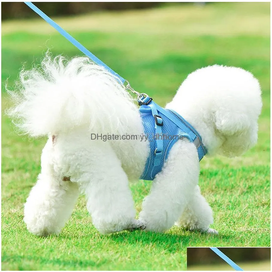 adjustable waistcoat reflect light breathable harnesses leash set mesh dog collar pet dogs supplies black blue red