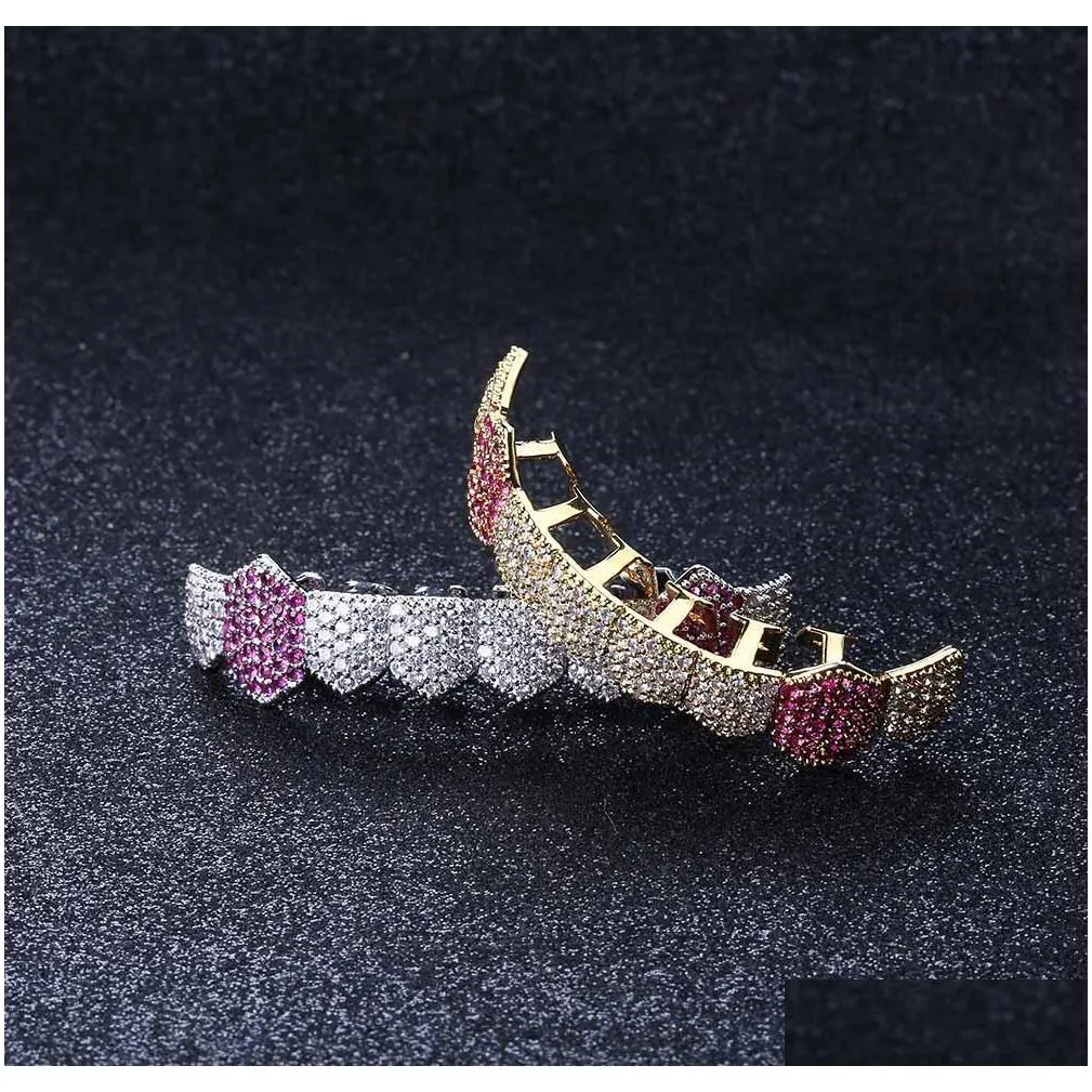 18k gold teeth braces punk hip hop multicolor diamond custom bottom teeth grillz dental mouth fang grills tooth cap vampire rapper