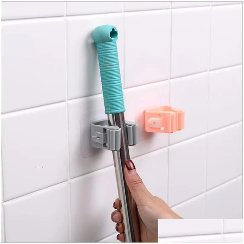 broom holder wall hook mounted mop organizer hold brush brooms hanger plastic storage rack kitchen clip seamless mops 35 p2