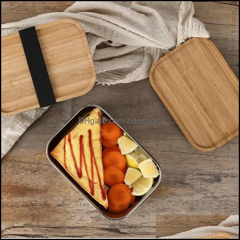 800ml stainless steel practical sushi container square lunch box with wooden lid simple student bento boxes 38ns e1