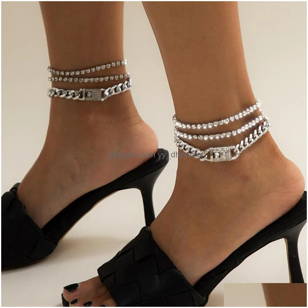 summer crystal iced out cuban chain anklet bracelet silver gold multilayer foot tennis bracelets for women fashion jewelry