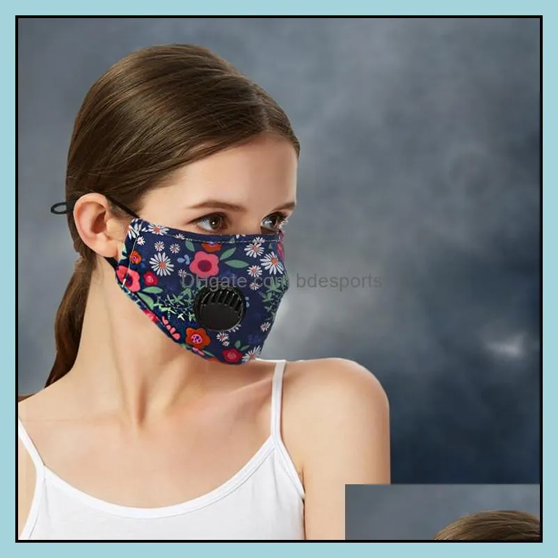 new floral print mask with breather valve with 2pcs filter breathable mouth masks anti dust reusable housekeeping designer mask 87 n2