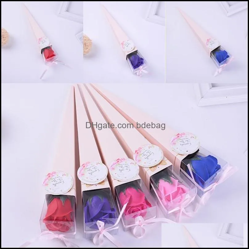 artificial rose gift favor valentine day single soap flowers organizer cones solid color ribbon carton wedding 1 9xy g2