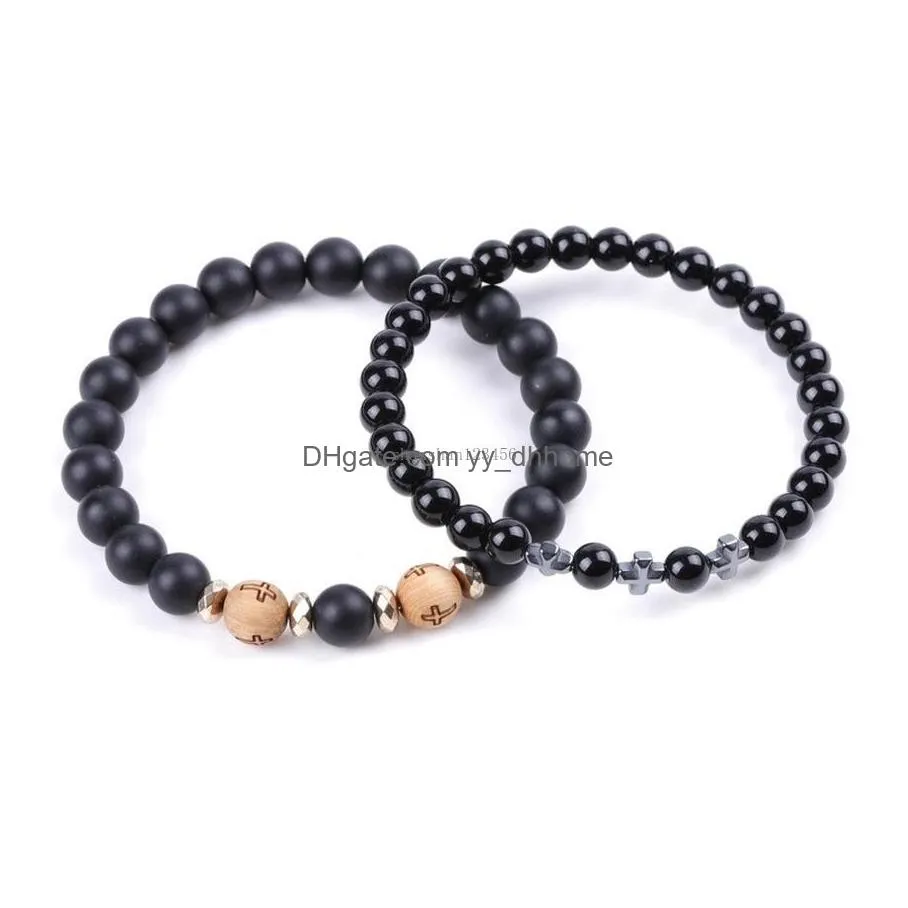fashion mens cross bracelet black agate wood beads bracelets bangle cuff for women men fashion jewelry