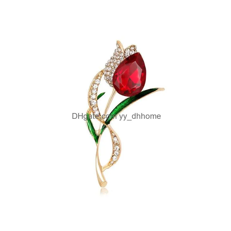 red crystal tulip brooch diamond flower corsage scarf buckle brooches women dress suit fashion jewelry 