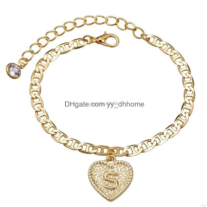 a z english initial heart anklet chain crystal gold chains heart charm foot chains bracelet women fashion jewelry gift