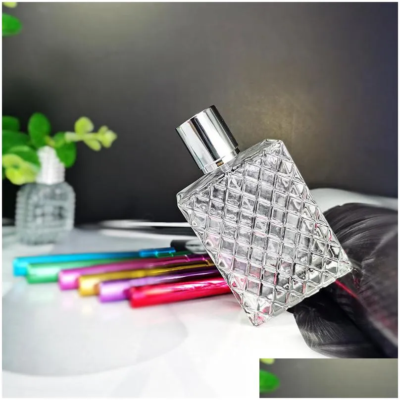 100ml square grids carved perfume bottles clear glass empty refillable fine mist atomizer portable atomizers fragrance 899 b3