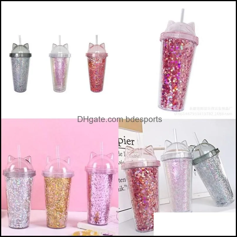 juice wine glass cat ear flashing double layer cup kids baby cartoon cute creative sequins plastic tumbler with straws shipping 228
