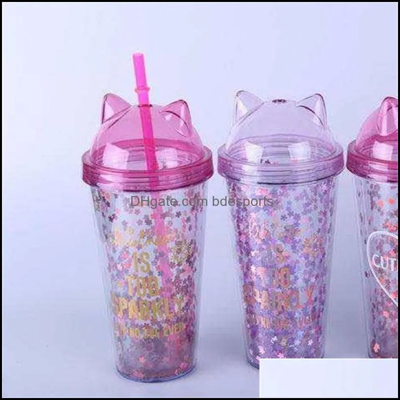 juice wine glass cat ear flashing double layer cup kids baby cartoon cute creative sequins plastic tumbler with straws shipping 228