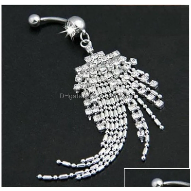 fashion sexy crystal pierced navel bell button rings stainless steel diamond tassel belly ring for women fashion jewelry