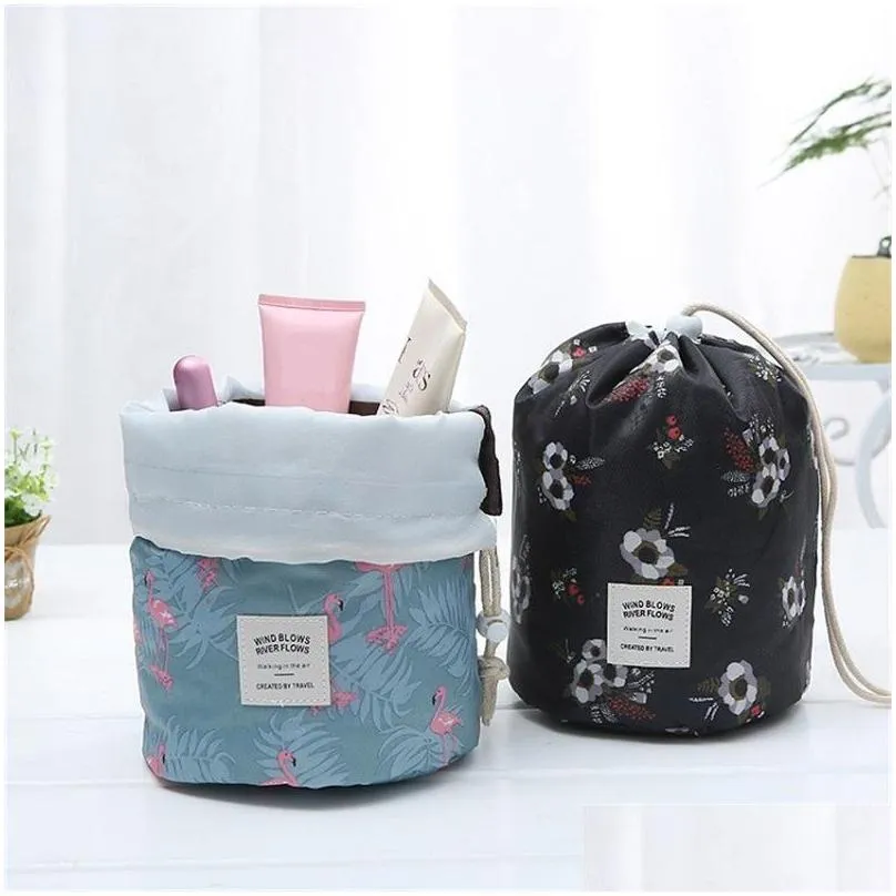 barrel shaped cosmetic bags large capacity drawstring travel dresser pouch xford fabric flamingo print organizer storage bags 9colors 239