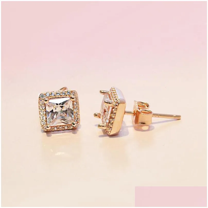 925 sterling silver square big cz diamond earring fit pandora jewelry gold rose gold plated stud earring women earrings