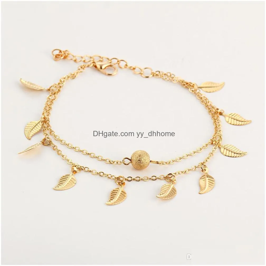 leaves tassel double layer anklets chain for women summer beach pendant foot ankle bracelet fashion jewelry gift