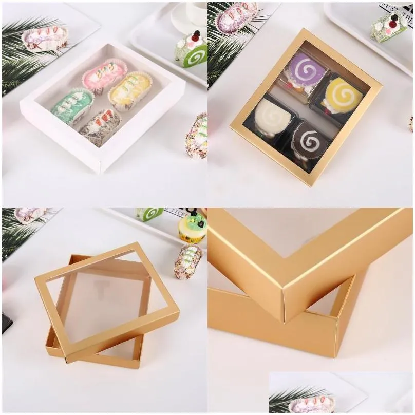 20x16x4cm food packing case 2 colour square paper boxes clear cover cake biscuits baking gift casket exquisite 1 32bg g2