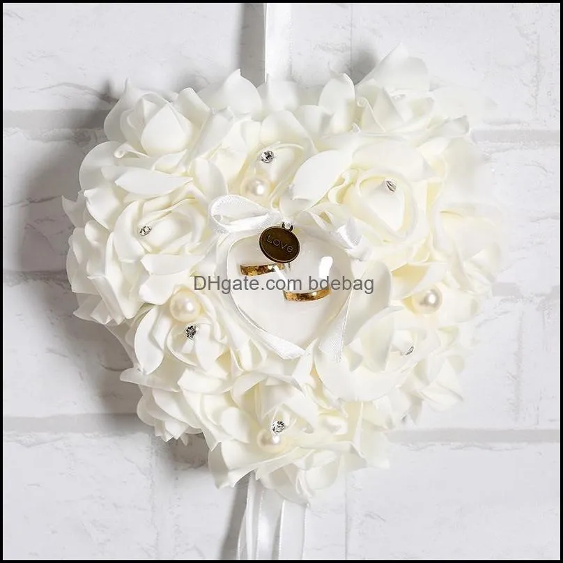 wedding ring pillow wrap ceremony ivory satin crystal flower rings bearer pillows cushion heartshape flowers 451 v2