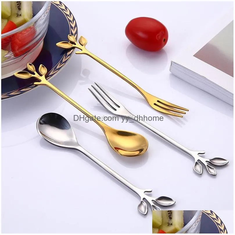 gold tree branch spoon fork stainless steel dessert coffee spoons home kitchen dining flatware